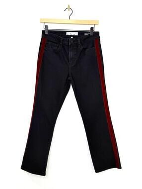 Velvet High-Waisted Black Jeans with Red Side Stripe